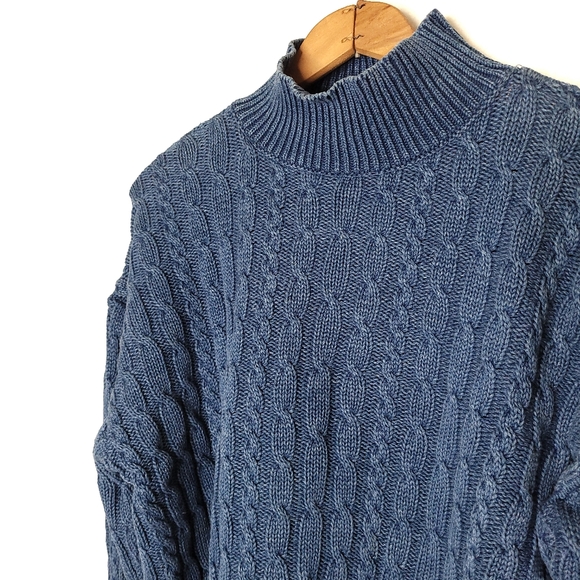 Blue cable knit distressed High mock turtleneck sweater - Picture 2 of 6